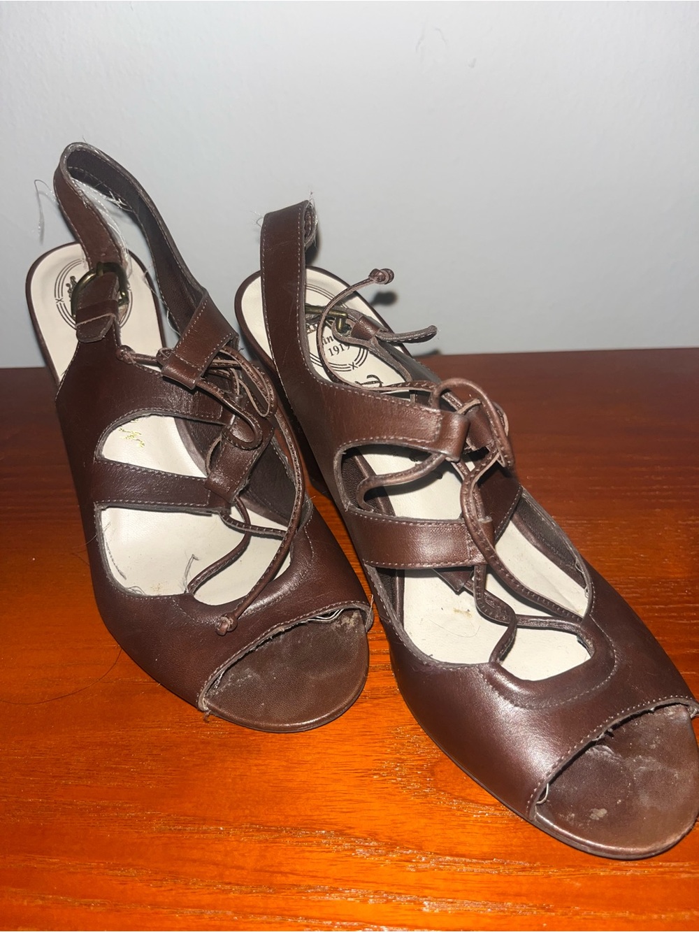 Delman Brown Leather Peep-Toe Slingback Heels